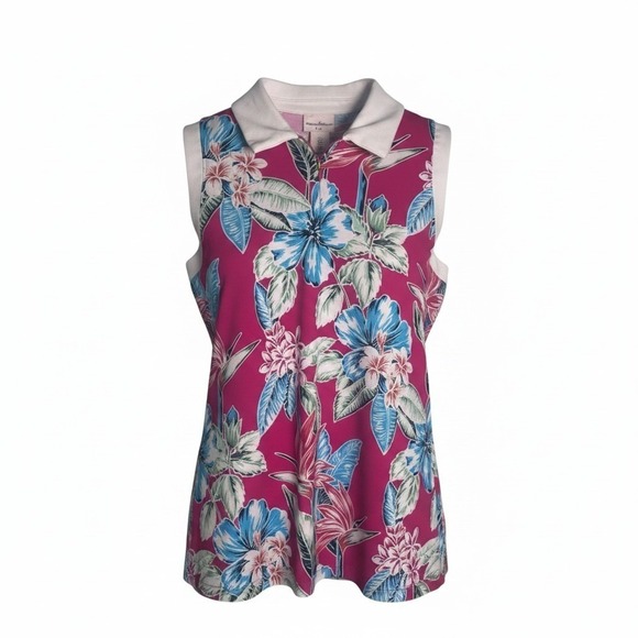 Tommy Bahama Tops - Tommy Bahama Golf Womens Large Pink Tropical Floral Sleeveless Quarter Zip Polo